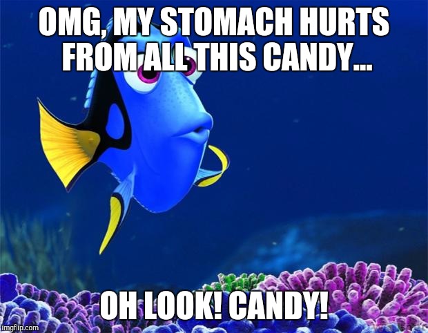 Dory | OMG, MY STOMACH HURTS FROM ALL THIS CANDY... OH LOOK! CANDY! | image tagged in dory,AdviceAnimals | made w/ Imgflip meme maker