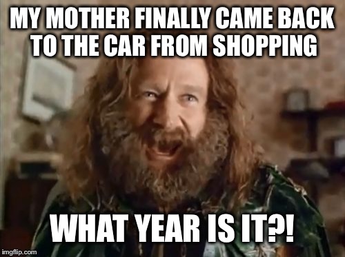 What Year Is It Meme | MY MOTHER FINALLY CAME BACK TO THE CAR FROM SHOPPING WHAT YEAR IS IT?! | image tagged in memes,what year is it | made w/ Imgflip meme maker