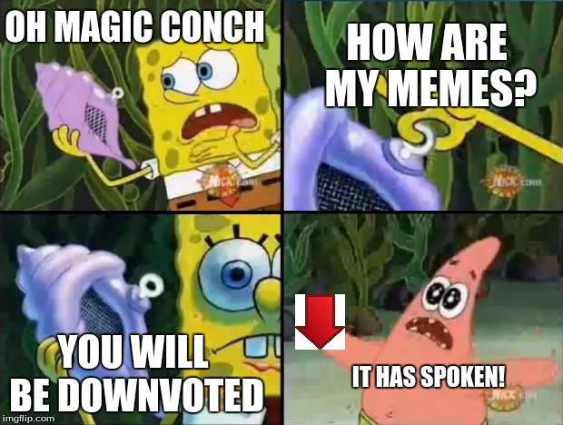 Spongebob | OH MAGIC CONCH HOW ARE MY MEMES? YOU WILL BE DOWNVOTED IT HAS SPOKEN! | image tagged in spongebob | made w/ Imgflip meme maker