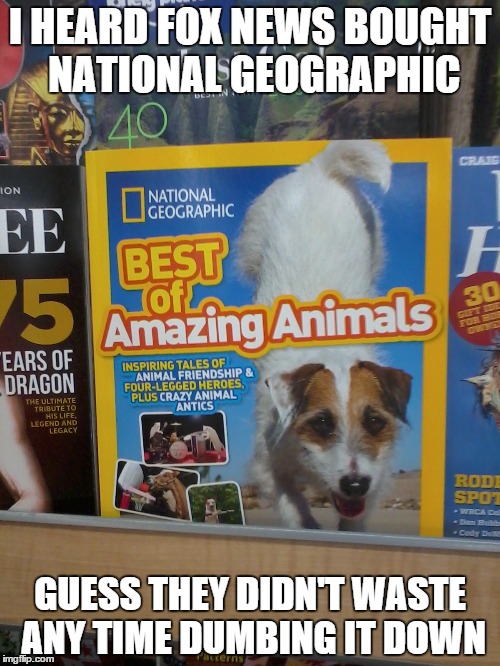 when i was young this magazine was what gave us hope that there was still unexplored places and still a need to explore & learn  | I HEARD FOX NEWS BOUGHT NATIONAL GEOGRAPHIC GUESS THEY DIDN'T WASTE ANY TIME DUMBING IT DOWN | image tagged in fox news national geographic,fox news,dumb | made w/ Imgflip meme maker