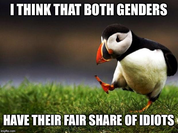 Unpopular Opinion Puffin | I THINK THAT BOTH GENDERS HAVE THEIR FAIR SHARE OF IDIOTS | image tagged in memes,unpopular opinion puffin | made w/ Imgflip meme maker