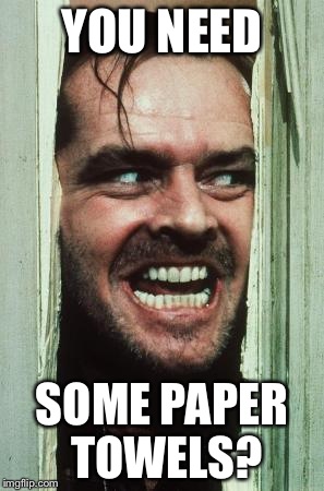 Here's Johnny | YOU NEED SOME PAPER TOWELS? | image tagged in memes,heres johnny | made w/ Imgflip meme maker