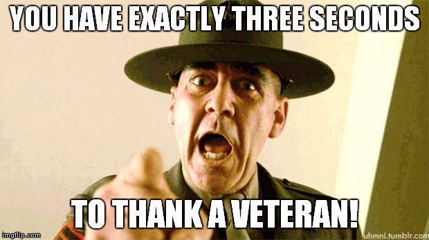Thanks veterans! | YOU HAVE EXACTLY THREE SECONDS TO THANK A VETERAN! | image tagged in drill instructor,veterans,marines | made w/ Imgflip meme maker