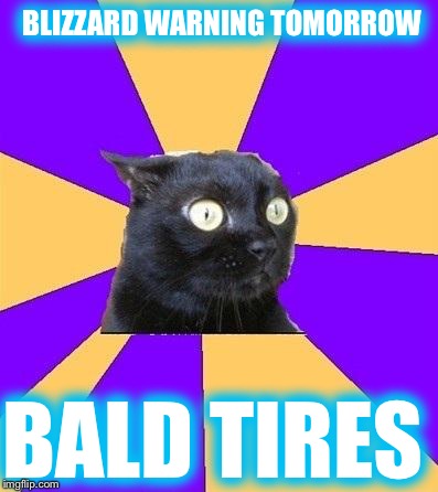 im driving around with | BLIZZARD WARNING TOMORROW BALD TIRES | image tagged in anxiety cat | made w/ Imgflip meme maker