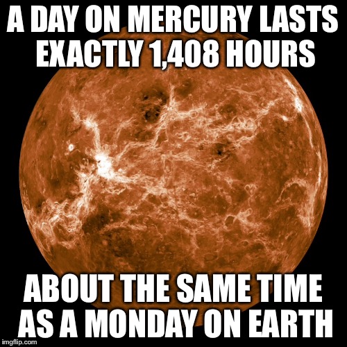 Mercury | A DAY ON MERCURY LASTS EXACTLY 1,408 HOURS ABOUT THE SAME TIME AS A MONDAY ON EARTH | image tagged in space,memes,funny,so true memes,stupidity,i don't want to live on this planet anymore | made w/ Imgflip meme maker