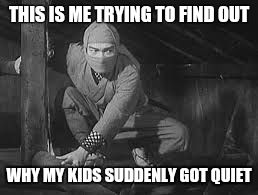 Mommy ninjas | THIS IS ME TRYING TO FIND OUT WHY MY KIDS SUDDENLY GOT QUIET | image tagged in ninjas,moms,kids | made w/ Imgflip meme maker