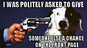 Hey man, no problem | I WAS POLITELY ASKED TO GIVE SOMEONE ELSE A CHANCE ON THE FRONT PAGE | image tagged in dog at gunpoint,raydog,funny,funny dog,animals | made w/ Imgflip meme maker