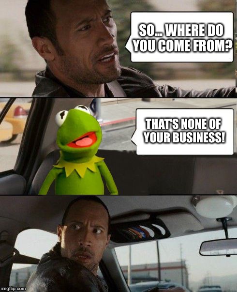 The Rock driving Kermit up the wall... | SO... WHERE DO YOU COME FROM? THAT'S NONE OF YOUR BUSINESS! | image tagged in kermit rocks,memes,but thats none of my business,the rock driving | made w/ Imgflip meme maker