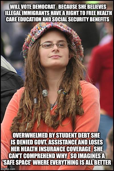 College Liberal Nonsense  | WILL VOTE DEMOCRAT   BECAUSE SHE BELIEVES ILLEGAL IMMIGRANTS HAVE A RIGHT TO FREE HEALTH CARE EDUCATION AND SOCIAL SECURITY BENEFITS OVERWHE | image tagged in memes,college liberal,illegal immigration,democrats,obamacare,debt | made w/ Imgflip meme maker