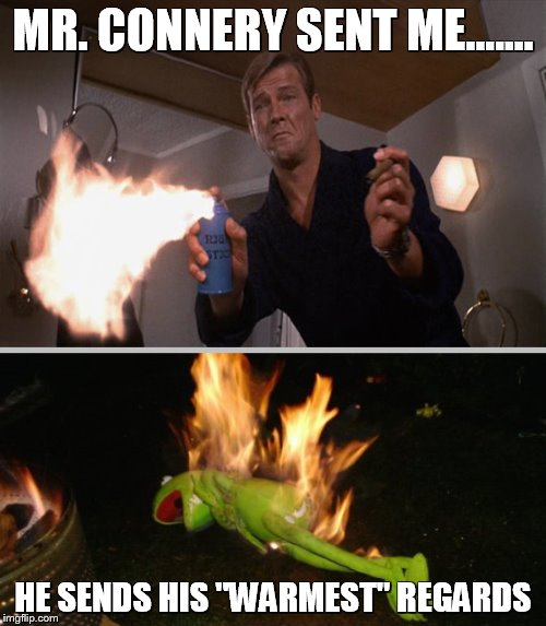 one bond is good as the next | MR. CONNERY SENT ME....... HE SENDS HIS "WARMEST" REGARDS | image tagged in james bond,kermit the frog,sean connery,memes | made w/ Imgflip meme maker