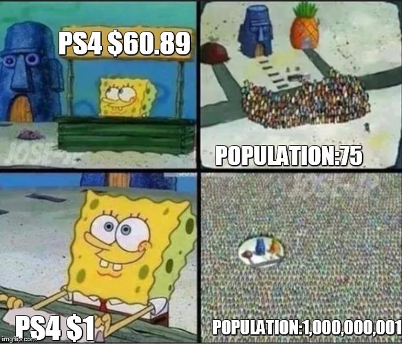 Spongebob Hype Stand | PS4 $60.89 PS4 $1 POPULATION:75 POPULATION:1,000,000,001 | image tagged in spongebob hype stand | made w/ Imgflip meme maker