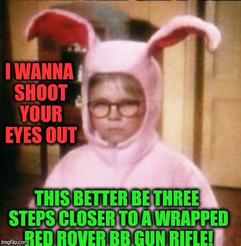 A Christmas Story | I WANNA SHOOT YOUR EYES OUT THIS BETTER BE THREE STEPS CLOSER TO A WRAPPED RED ROVER BB GUN RIFLE! | image tagged in christmas story | made w/ Imgflip meme maker