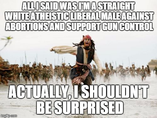Jack Sparrow Being Chased | ALL I SAID WAS I'M A STRAIGHT WHITE ATHEISTIC LIBERAL MALE AGAINST ABORTIONS AND SUPPORT GUN CONTROL ACTUALLY, I SHOULDN'T BE SURPRISED | image tagged in memes,jack sparrow being chased | made w/ Imgflip meme maker