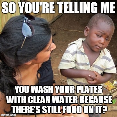 So you're telling me.... | SO YOU'RE TELLING ME YOU WASH YOUR PLATES WITH CLEAN WATER BECAUSE THERE'S STILL FOOD ON IT? | image tagged in funny,funny memes,food,africa,offensive,meme | made w/ Imgflip meme maker