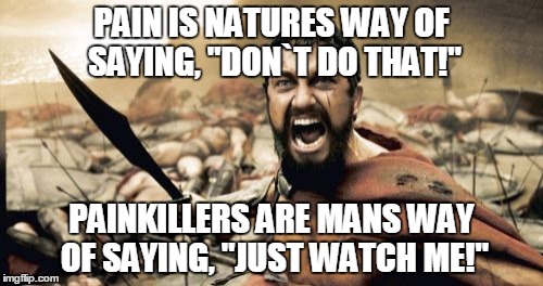 Sparta Leonidas | PAIN IS NATURES WAY OF SAYING, "DON`T DO THAT!" PAINKILLERS ARE MANS WAY OF SAYING, "JUST WATCH ME!" | image tagged in memes,sparta leonidas | made w/ Imgflip meme maker