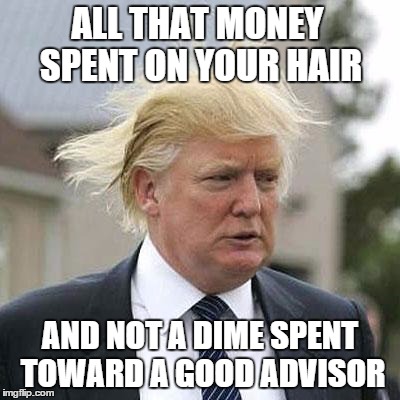Donald Trump | ALL THAT MONEY SPENT ON YOUR HAIR AND NOT A DIME SPENT TOWARD A GOOD ADVISOR | image tagged in donald trump,politics,so true memes,donald trumph hair | made w/ Imgflip meme maker
