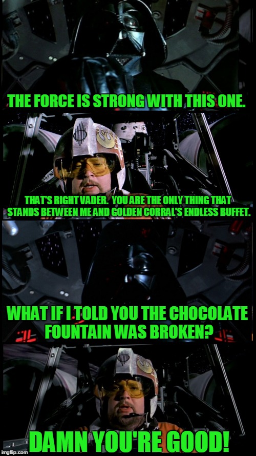 Star Wars Porkins versus Vader | THE FORCE IS STRONG WITH THIS ONE. THAT'S RIGHT VADER.  YOU ARE THE ONLY THING THAT STANDS BETWEEN ME AND GOLDEN CORRAL'S ENDLESS BUFFET. WH | image tagged in star wars porkins,memes,star wars,star wars no | made w/ Imgflip meme maker