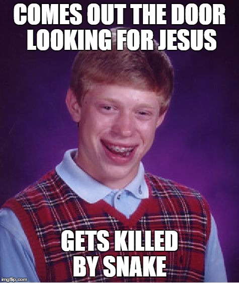 Bad Luck Brian Meme | COMES OUT THE DOOR LOOKING FOR JESUS GETS KILLED BY SNAKE | image tagged in memes,bad luck brian | made w/ Imgflip meme maker