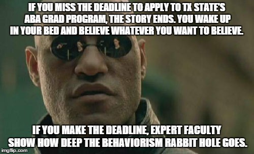 Matrix Morpheus | IF YOU MISS THE DEADLINE TO APPLY TO TX STATE'S ABA GRAD PROGRAM, THE STORY ENDS. YOU WAKE UP IN YOUR BED AND BELIEVE WHATEVER YOU WANT TO B | image tagged in memes,matrix morpheus | made w/ Imgflip meme maker