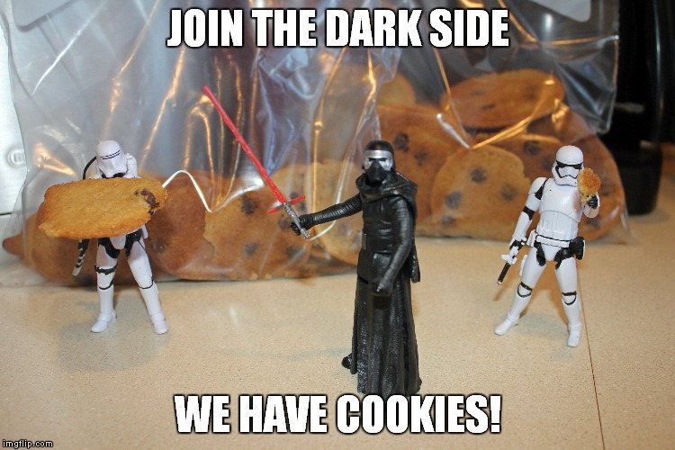 We have cookies! | JOIN THE DARK SIDE WE HAVE COOKIES! | image tagged in star wars force dark side cookies,star wars,cookies,the force,kylo ren,stormtrooper | made w/ Imgflip meme maker