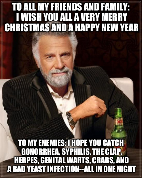 Yeah yeah Merry Christmas, Joyous Kwanzaa, Happy Hanukkah and Season's Greetings or kiss my @$$ | TO ALL MY FRIENDS AND FAMILY: I WISH YOU ALL A VERY MERRY CHRISTMAS AND A HAPPY NEW YEAR TO MY ENEMIES: I HOPE YOU CATCH GONORRHEA, SYPHILIS | image tagged in memes,the most interesting man in the world | made w/ Imgflip meme maker
