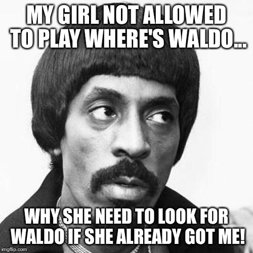 ike turner | MY GIRL NOT ALLOWED TO PLAY WHERE'S WALDO... WHY SHE NEED TO LOOK FOR WALDO IF SHE ALREADY GOT ME! | image tagged in ike turner | made w/ Imgflip meme maker