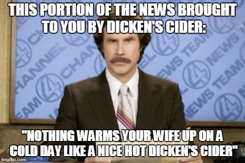 Ron Burgundy Meme | THIS PORTION OF THE NEWS BROUGHT TO YOU BY DICKEN'S CIDER: "NOTHING WARMS YOUR WIFE UP ON A COLD DAY LIKE A NICE HOT DICKEN'S CIDER" | image tagged in memes,ron burgundy | made w/ Imgflip meme maker