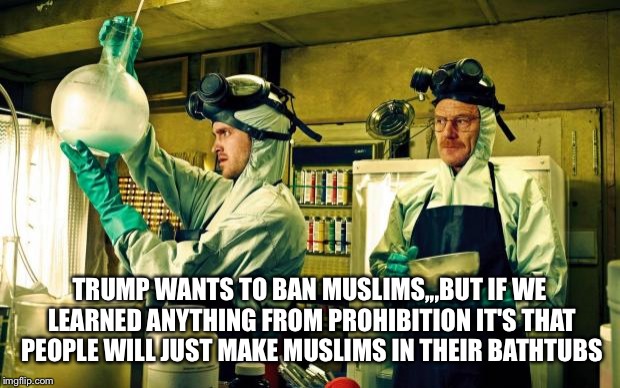 Making new friends | TRUMP WANTS TO BAN MUSLIMS,,,BUT IF WE LEARNED ANYTHING FROM PROHIBITION IT'S THAT PEOPLE WILL JUST MAKE MUSLIMS IN THEIR BATHTUBS | image tagged in breaking bad,trump,facepalm,front page,popular,alright gentlemen we need a new idea | made w/ Imgflip meme maker