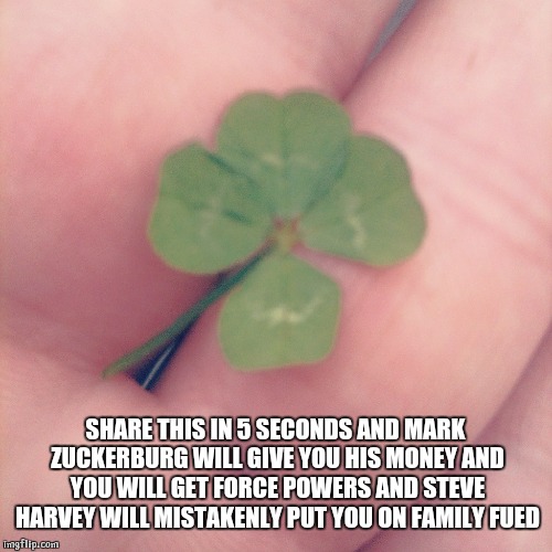 Shamrock | SHARE THIS IN 5 SECONDS AND MARK ZUCKERBURG WILL GIVE YOU HIS MONEY AND YOU WILL GET FORCE POWERS AND STEVE HARVEY WILL MISTAKENLY PUT YOU O | image tagged in shamrock | made w/ Imgflip meme maker