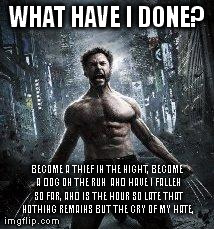 WHAT HAVE I DONE? BECOME A THIEF IN THE NIGHT,
BECOME A DOG ON THE RUN 
AND HAVE I FALLEN SO FAR,
AND IS THE HOUR SO LATE
THAT NOTHING REMAI | image tagged in wolverine | made w/ Imgflip meme maker