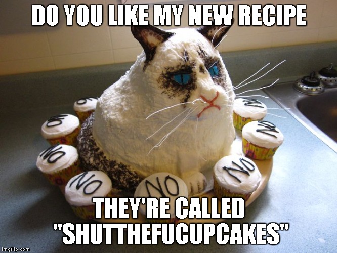 Grumpy Cat strikes again... | DO YOU LIKE MY NEW RECIPE THEY'RE CALLED "SHUTTHEFUCUPCAKES" | image tagged in shutthefuckupcakes,grumpy cat,cupcakes,memes,funny,funny food | made w/ Imgflip meme maker