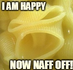 Angry Noodle | I AM HAPPY NOW NAFF OFF! | image tagged in angry noodle | made w/ Imgflip meme maker