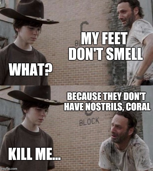 Rick and Carl | MY FEET DON'T SMELL WHAT? BECAUSE THEY DON'T HAVE NOSTRILS, CORAL KILL ME... | image tagged in memes,rick and carl | made w/ Imgflip meme maker