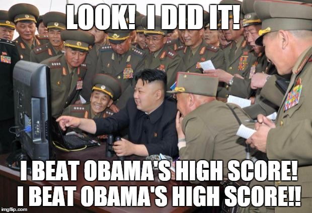 Kim jongun-kardashian | LOOK!  I DID IT! I BEAT OBAMA'S HIGH SCORE! I BEAT OBAMA'S HIGH SCORE!! | image tagged in kim jong un,computer,hacking,video games,north korea,kim jong un computer | made w/ Imgflip meme maker