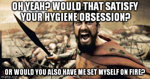 Sparta Leonidas Meme | OH YEAH? WOULD THAT SATISFY YOUR HYGIENE OBSESSION? OR WOULD YOU ALSO HAVE ME SET MYSELF ON FIRE? | image tagged in memes,sparta leonidas | made w/ Imgflip meme maker