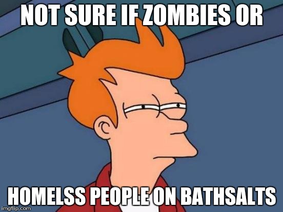 Futurama Fry | NOT SURE IF ZOMBIES OR; HOMELSS PEOPLE ON BATHSALTS | image tagged in memes,futurama fry | made w/ Imgflip meme maker