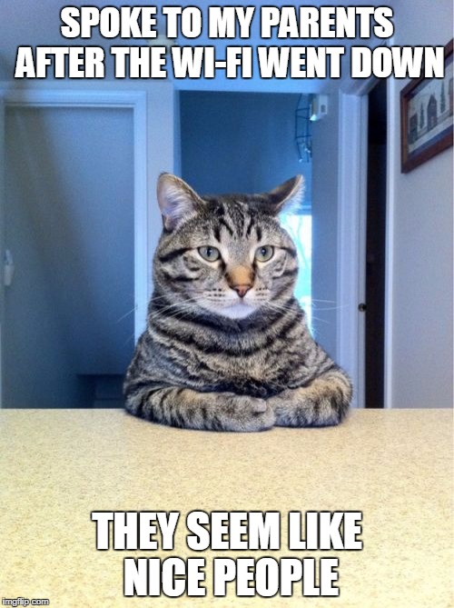 Take A Seat Cat Meme | SPOKE TO MY PARENTS AFTER THE WI-FI WENT DOWN; THEY SEEM LIKE NICE PEOPLE | image tagged in memes,take a seat cat | made w/ Imgflip meme maker