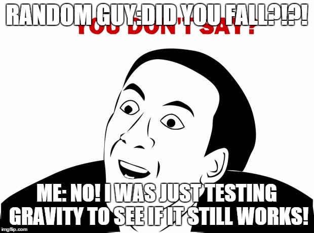 i hate when people ask me this when i fall... | RANDOM GUY:DID YOU FALL?!?! ME: NO! I WAS JUST TESTING GRAVITY TO SEE IF IT STILL WORKS! | image tagged in memes,you don't say | made w/ Imgflip meme maker