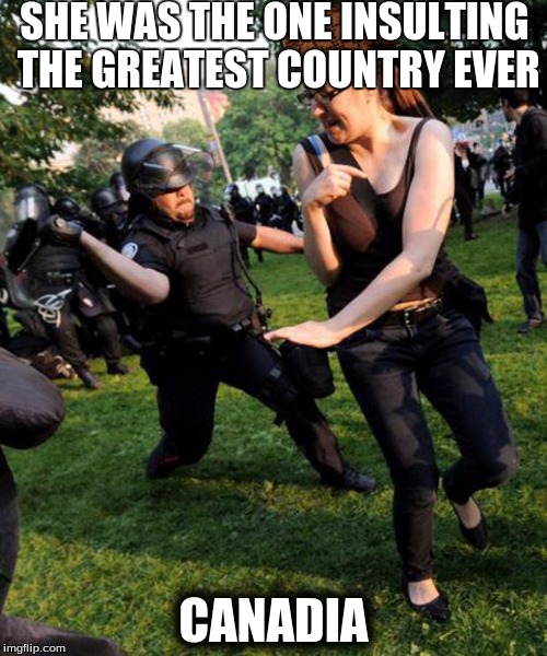 Canadian Beat Down | SHE WAS THE ONE INSULTING THE GREATEST COUNTRY EVER; CANADIA | image tagged in canadian beat down,scumbag | made w/ Imgflip meme maker