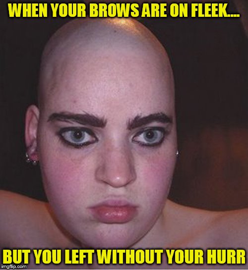 Forgot something? | WHEN YOUR BROWS ARE ON FLEEK.... BUT YOU LEFT WITHOUT YOUR HURR | image tagged in funny memes,memes,meme,bald,eyebrows on fleek,hair | made w/ Imgflip meme maker
