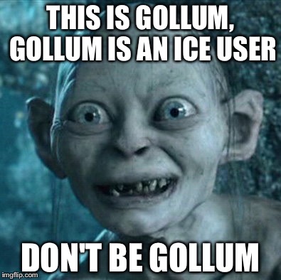 Gollum | THIS IS GOLLUM, GOLLUM IS AN ICE USER; DON'T BE GOLLUM | image tagged in memes,gollum | made w/ Imgflip meme maker