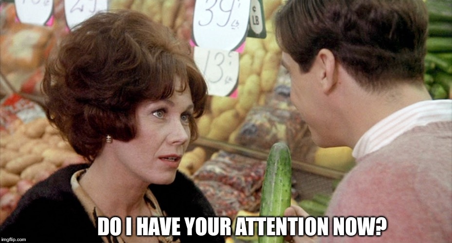 Mrs. Wormer & Stratton | DO I HAVE YOUR ATTENTION NOW? | image tagged in mrs wormer and stratton,eric stratton,animal house,cucumber,pick up line,mrs wormer | made w/ Imgflip meme maker