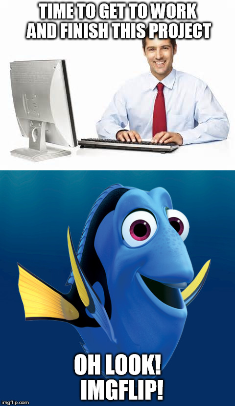 Finding Imgflip | TIME TO GET TO WORK AND FINISH THIS PROJECT; OH LOOK!  IMGFLIP! | image tagged in memes,finding dory,computer guy,work,distraction | made w/ Imgflip meme maker