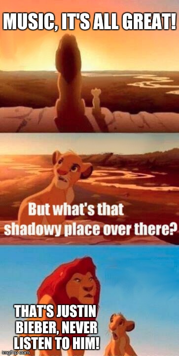 Simba Shadowy Place | MUSIC, IT'S ALL GREAT! THAT'S JUSTIN BIEBER, NEVER LISTEN TO HIM! | image tagged in memes,simba shadowy place | made w/ Imgflip meme maker