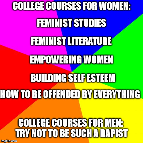 Liberal Arts | COLLEGE COURSES FOR WOMEN:; FEMINIST STUDIES; FEMINIST LITERATURE; EMPOWERING WOMEN; BUILDING SELF ESTEEM; HOW TO BE OFFENDED BY EVERYTHING; COLLEGE COURSES FOR MEN: TRY NOT TO BE SUCH A RAPIST | image tagged in memes,blank colored background | made w/ Imgflip meme maker