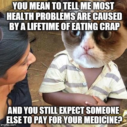 Third World Grumpy Cat | YOU MEAN TO TELL ME MOST HEALTH PROBLEMS ARE CAUSED BY A LIFETIME OF EATING CRAP AND YOU STILL EXPECT SOMEONE ELSE TO PAY FOR YOUR MEDICINE? | image tagged in third world grumpy cat | made w/ Imgflip meme maker