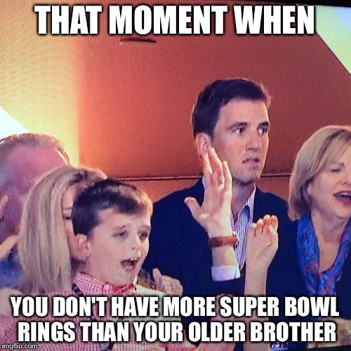 THAT MOMENT WHEN; YOU DON'T HAVE MORE SUPER BOWL RINGS THAN YOUR OLDER BROTHER | image tagged in eli manning,peyton manning,super bowl,giants,denver broncos | made w/ Imgflip meme maker