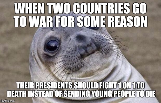 Awkward Moment Sealion | WHEN TWO COUNTRIES GO TO WAR FOR SOME REASON; THEIR PRESIDENTS SHOULD FIGHT 1 ON 1 TO DEATH INSTEAD OF SENDING YOUNG PEOPLE TO DIE | image tagged in memes,awkward moment sealion | made w/ Imgflip meme maker
