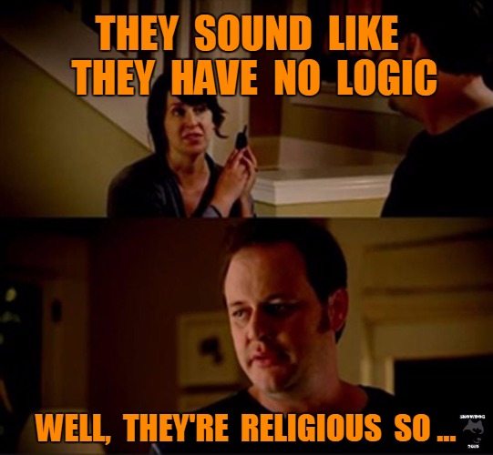 No logic | THEY  SOUND  LIKE  THEY  HAVE  NO  LOGIC; WELL,  THEY'RE  RELIGIOUS  SO ... | image tagged in well he's a guy so,funny | made w/ Imgflip meme maker