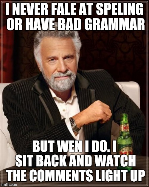 The Most Interesting Man In The World | I NEVER FALE AT SPELING OR HAVE BAD GRAMMAR; BUT WEN I DO. I SIT BACK AND WATCH THE COMMENTS LIGHT UP | image tagged in memes,the most interesting man in the world | made w/ Imgflip meme maker